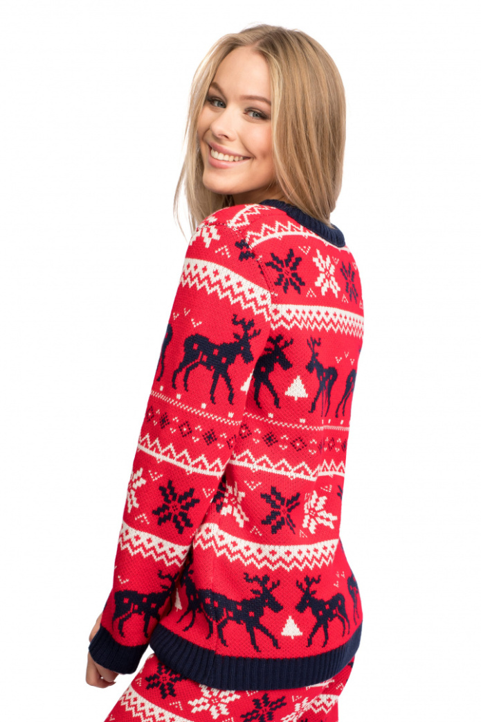 Sweter Damski Świąteczny Wzór W Renifery I Śnieżki - czerwony